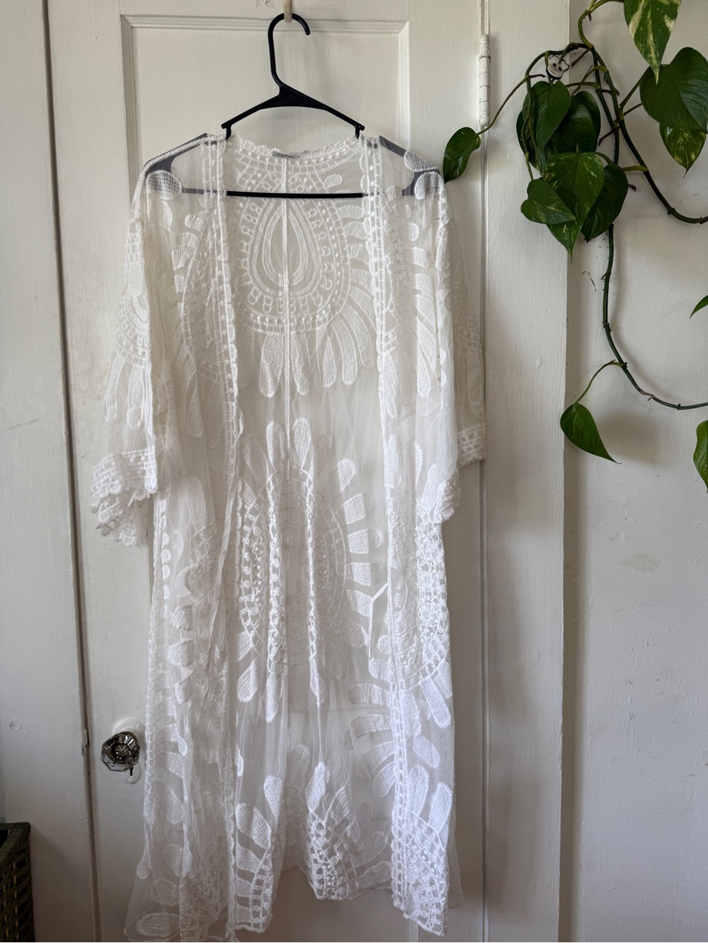 LULLA collection by Bindya White Embroidered Sheer Kimono Duster